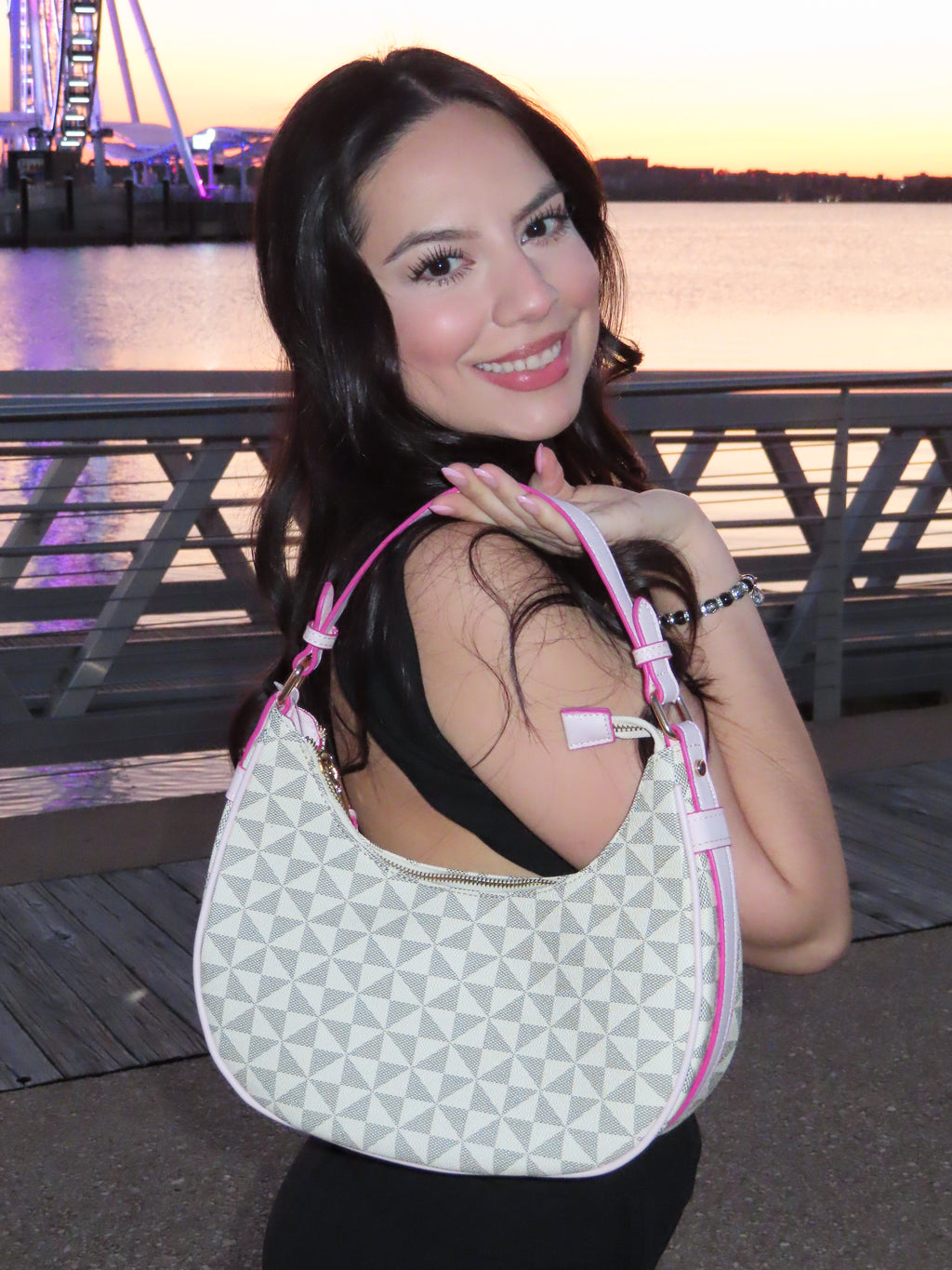 White & Pink Checkered Shoulder Bag